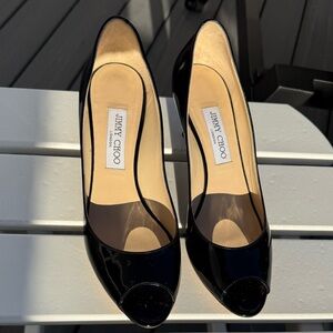 Jimmy Choo Black Patent Leather Peep Toe Heels Women's Designer Pumps Size 39.5